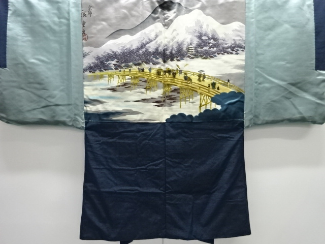 アンティーク　橋に時代人物模様肩裏手織り紬男物羽織